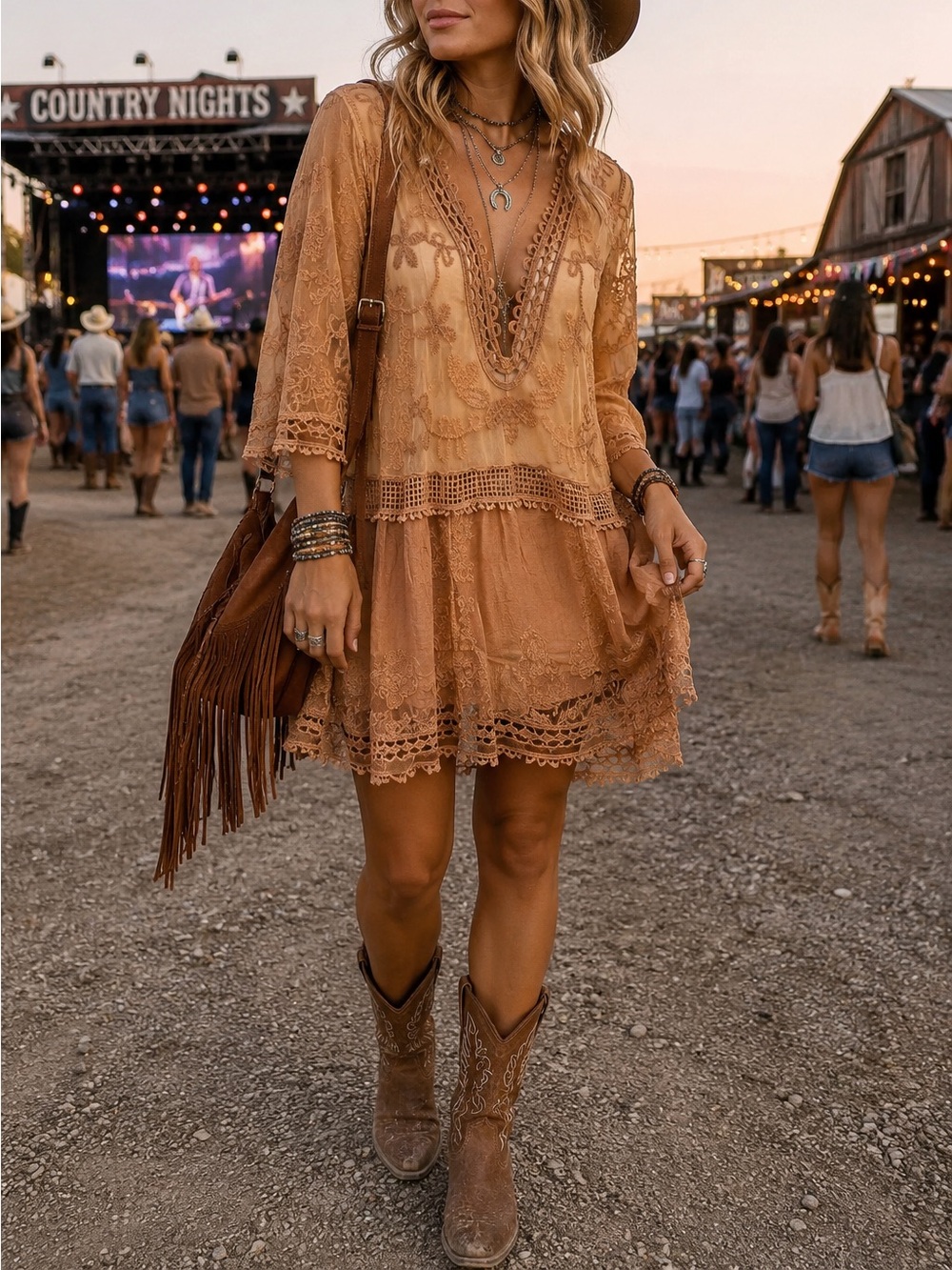 Boho Embroidered Lace Tunic Dress Beige Tan Crochet Sheer Country cowgirl